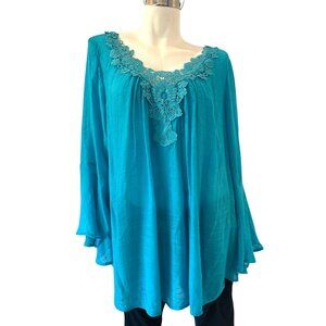 VALERIE STEVENS~ Women’s Teal Bell Sleeve Blouse Crochet Trim Size 1X